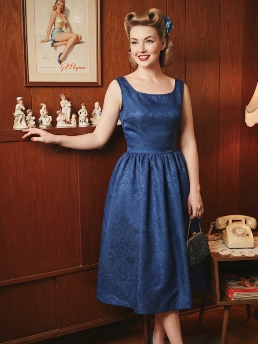 Vintage Sleeveless Blue Jacquard Midi Dress